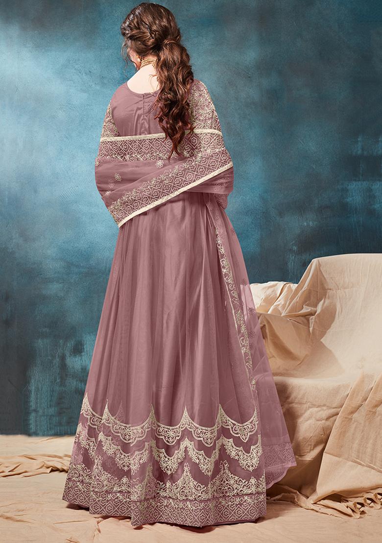 Purple Embroidered Net Salwar Kameez With Dupatta - Indya