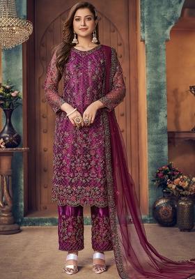 Purple Embroidered Net Salwar Kameez With Dupatta
