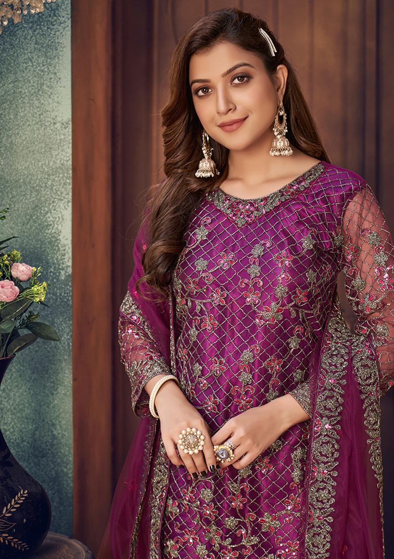 Purple Embroidered Net Salwar Kameez With Dupatta - Indya