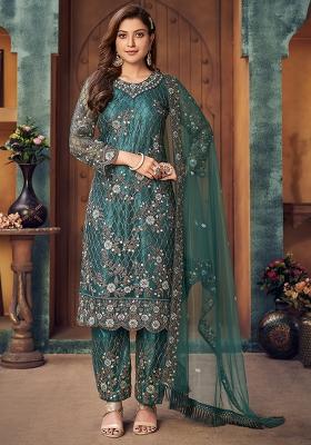 Blue Embroidered Net Salwar Kameez With Dupatta