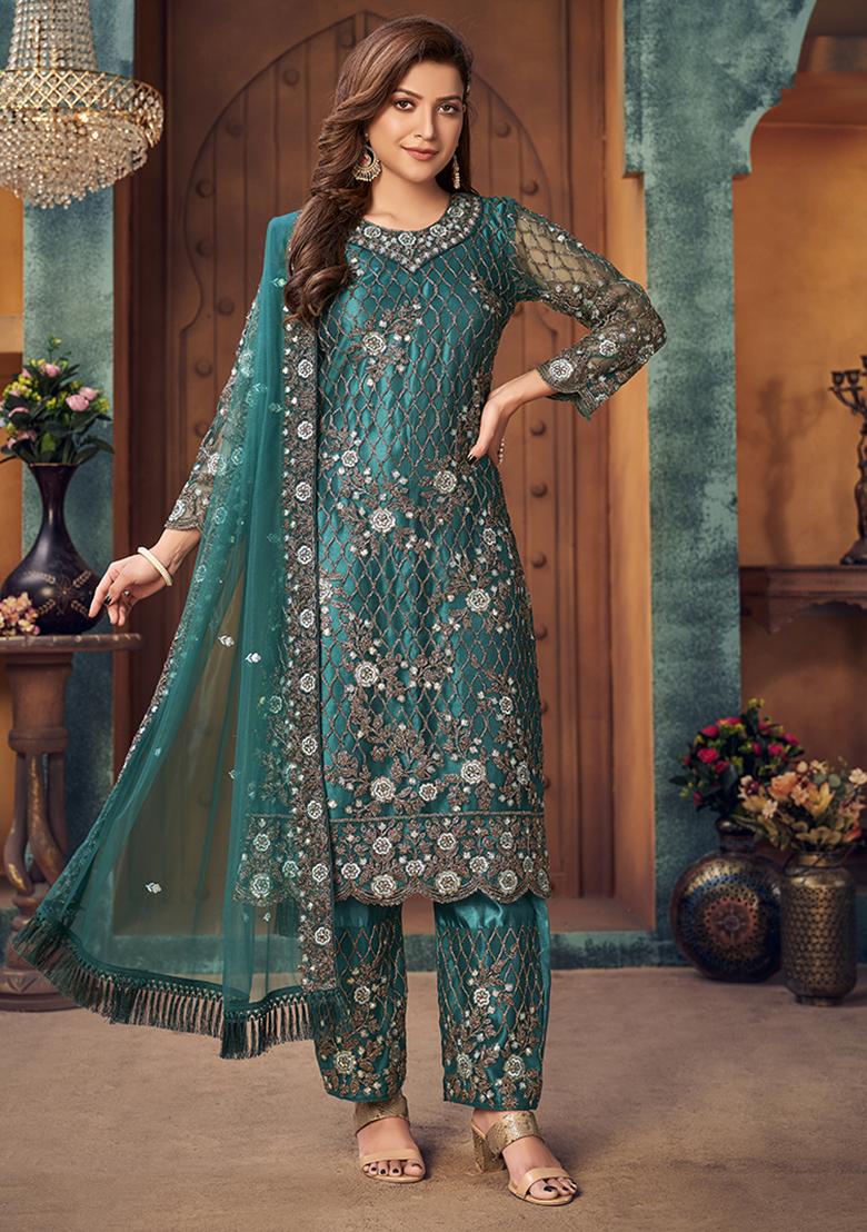 Blue Embroidered Net Salwar Kameez With Dupatta - Indya