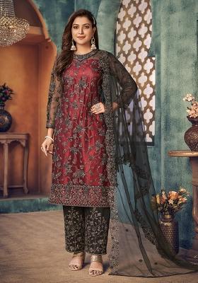 Red Embroidered Net Salwar Kameez With Dupatta