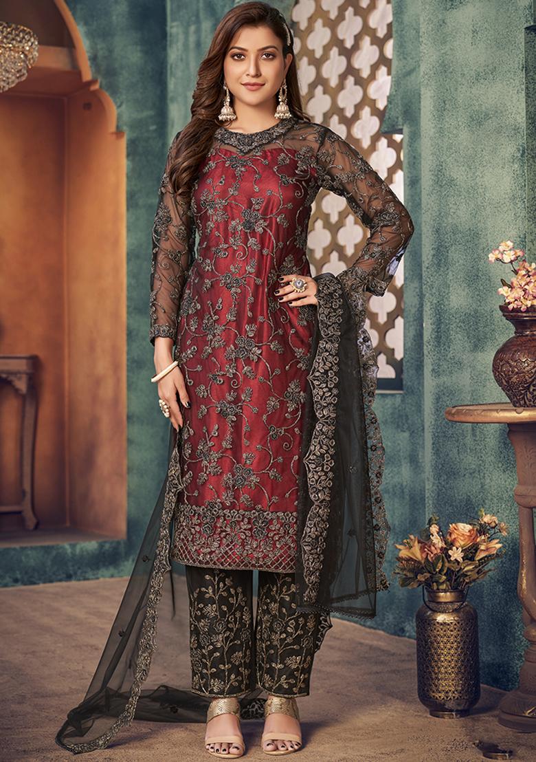 Red Embroidered Net Salwar Kameez With Dupatta - Indya