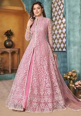 Pink Embroidered Net Anarkali Set With Dupatta
