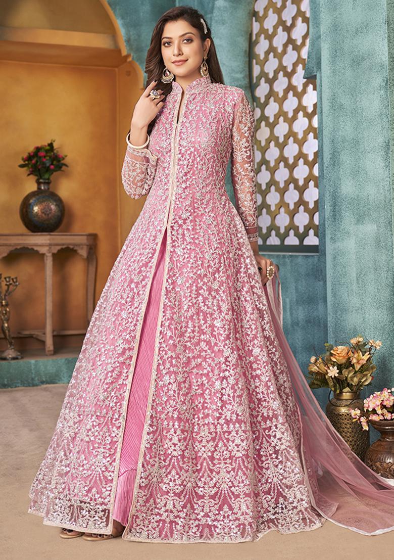 Pink Embroidered Net Anarkali Set With Dupatta - Indya
