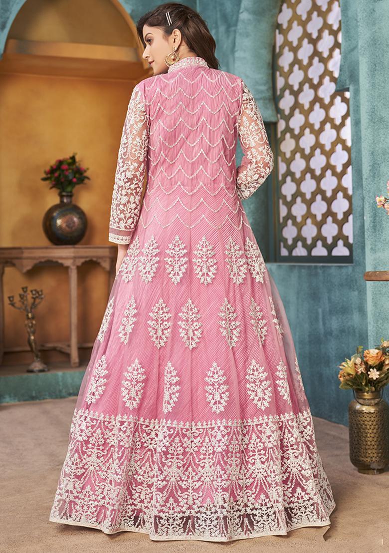 Pink Embroidered Net Anarkali Set With Dupatta - Indya