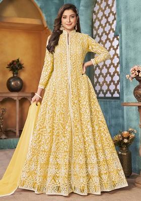 Yellow Embroidered Net Anarkali Set With Dupatta