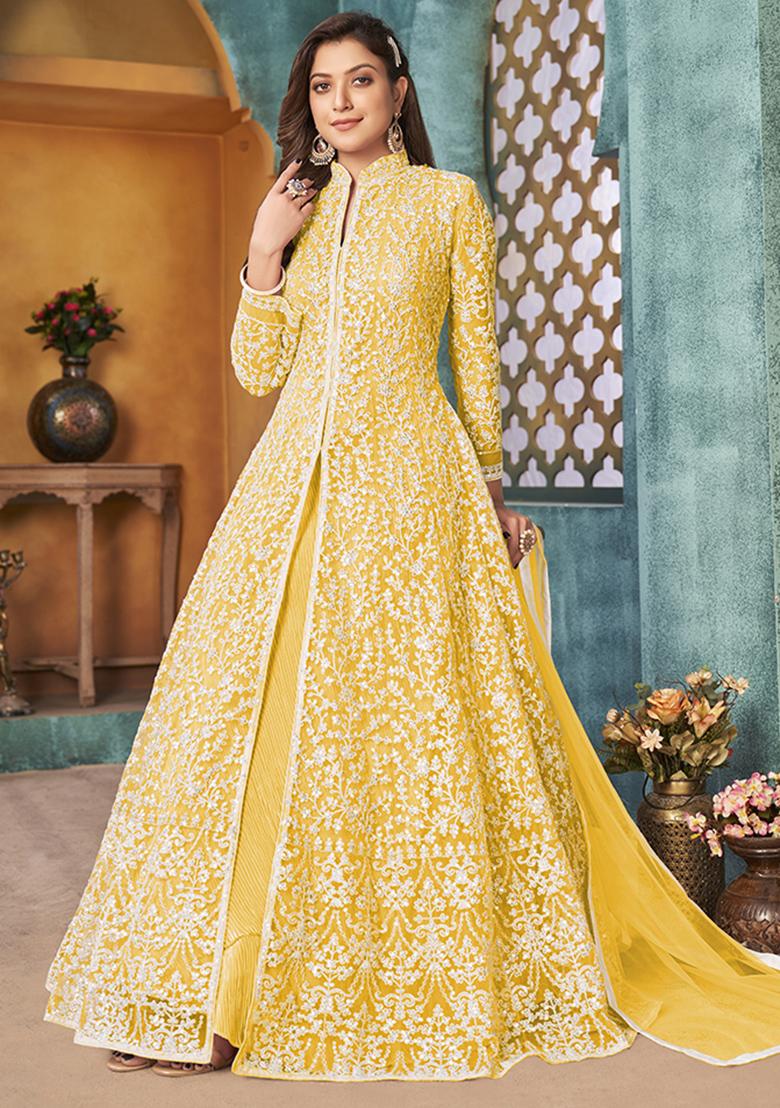 Yellow Embroidered Net Anarkali Set With Dupatta - Indya
