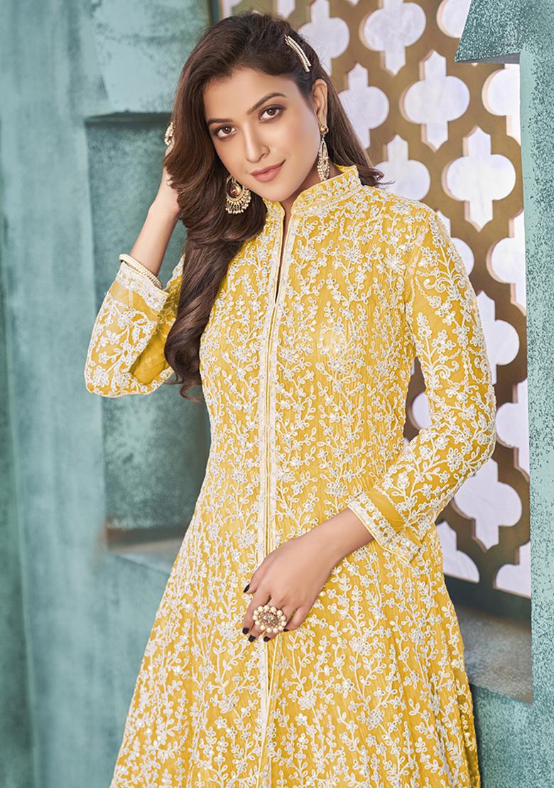 Yellow Embroidered Net Anarkali Set With Dupatta - Indya