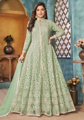 Green Embroidered Net Anarkali Set With Dupatta