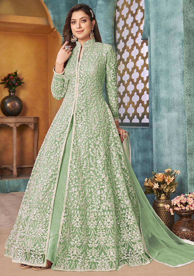 Green Embroidered Net Anarkali Set With Dupatta - Indya