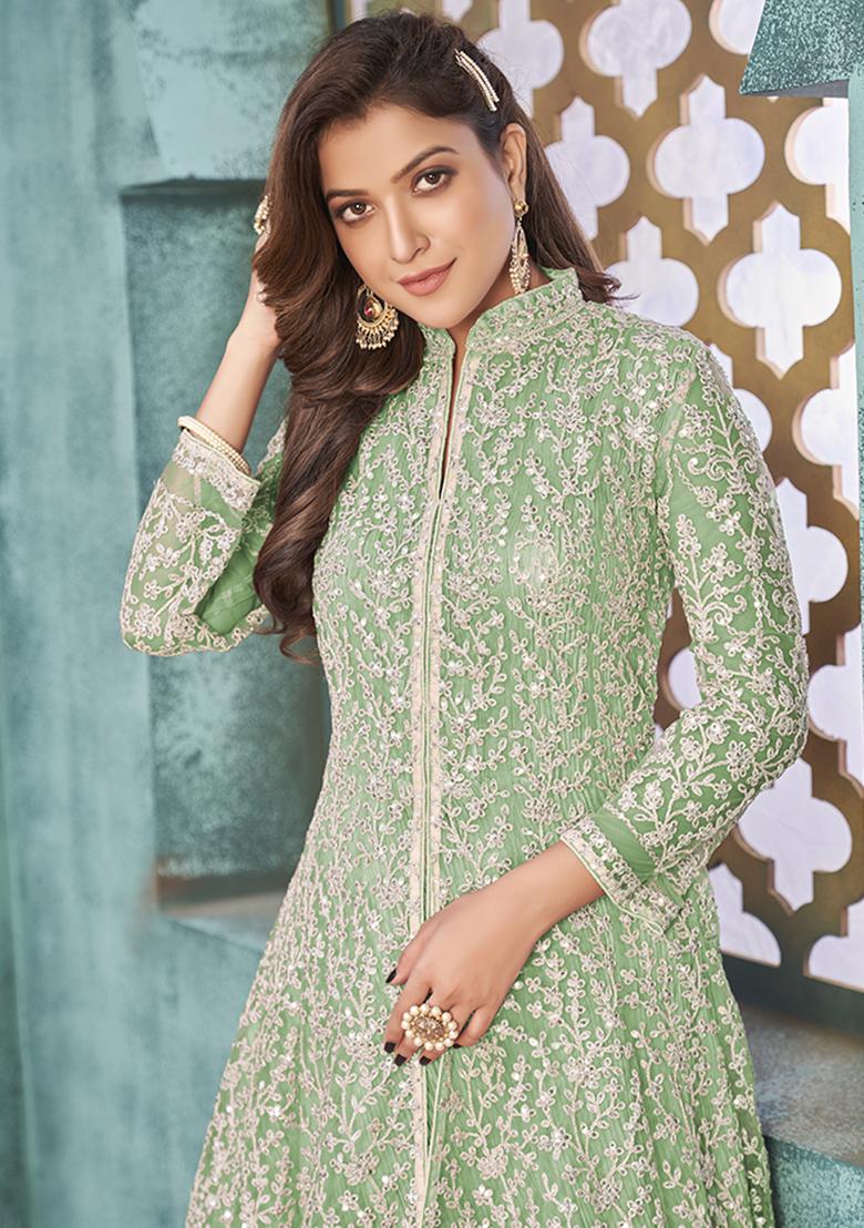 Green Embroidered Net Anarkali Set With Dupatta - Indya