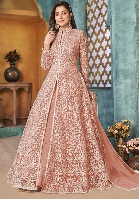 Peach Embroidered Net Anarkali Set With Dupatta