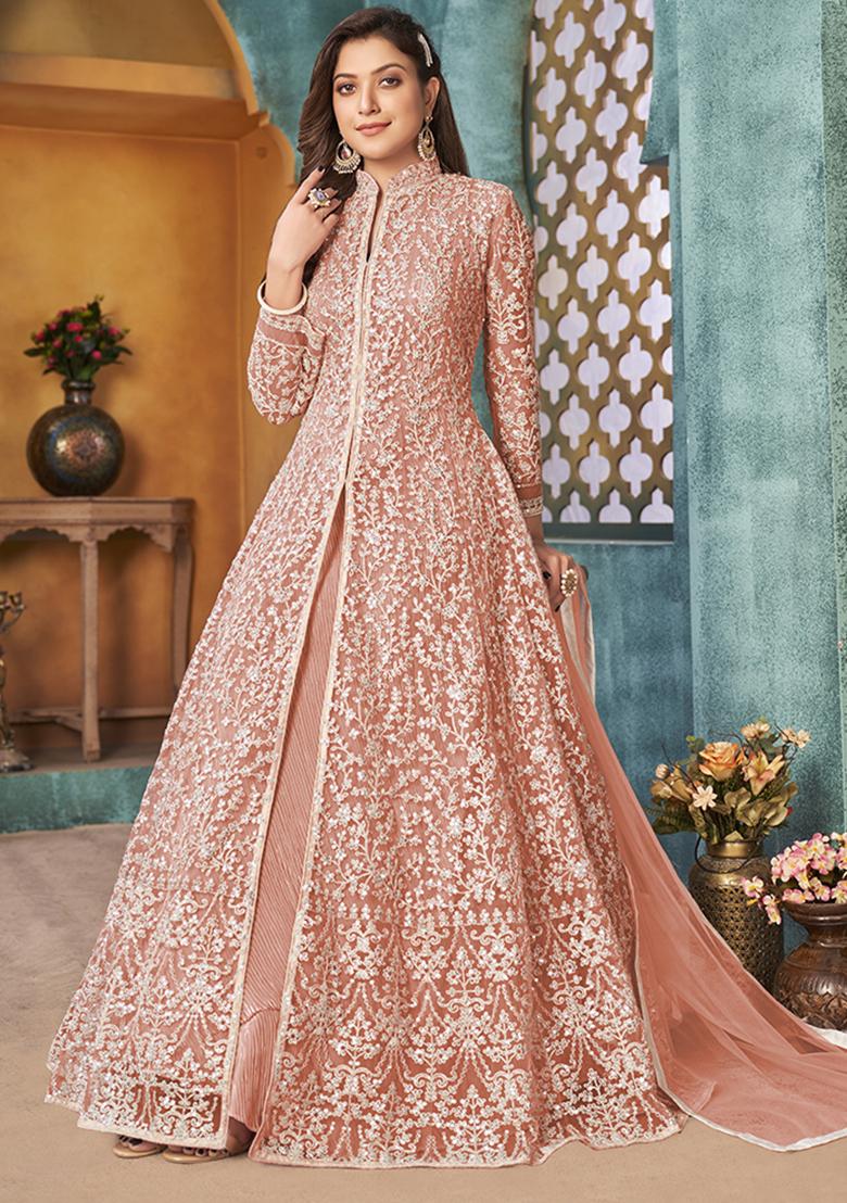 Peach Embroidered Net Anarkali Set With Dupatta - Indya