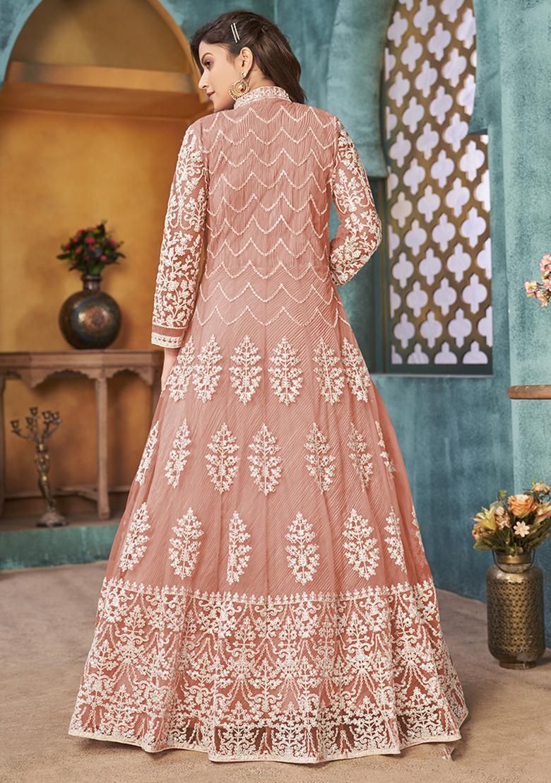 Peach Embroidered Net Anarkali Set With Dupatta - Indya