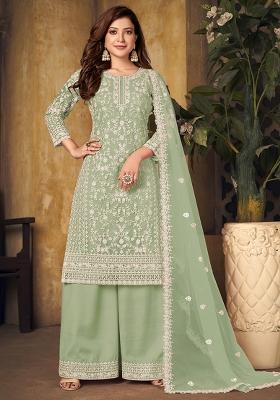Green Embroidered Net Palazzo Set With Dupatta