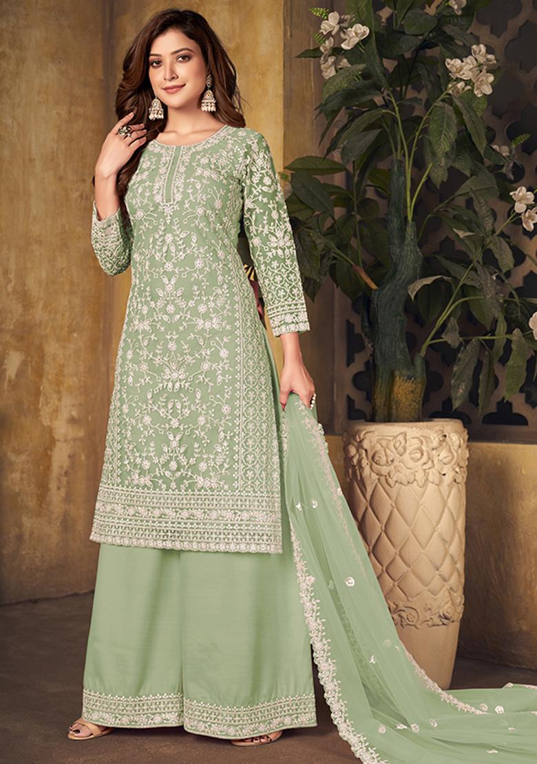 Green Embroidered Net Palazzo Set With Dupatta - Indya