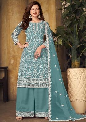 Blue Embroidered Net Palazzo Set With Dupatta