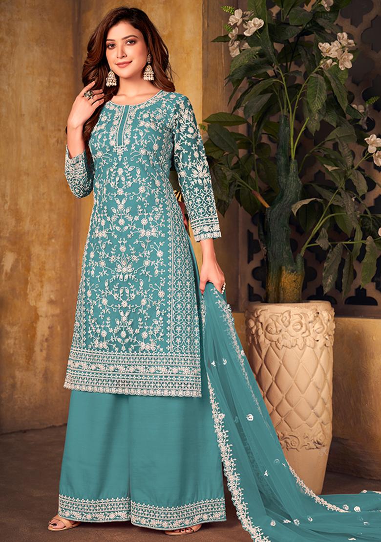 Blue Embroidered Net Palazzo Set With Dupatta - Indya