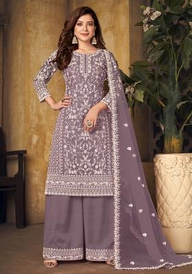 Purple Embroidered Net Palazzo Set With Dupatta