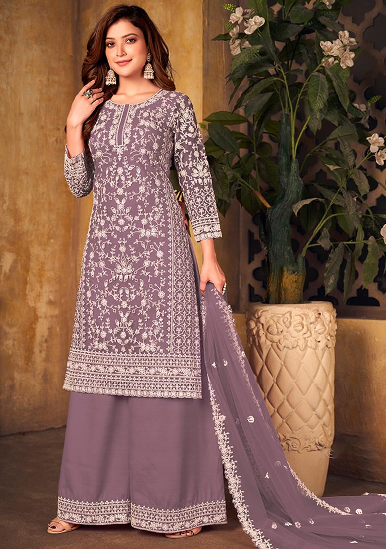 Purple Embroidered Net Palazzo Set With Dupatta - Indya