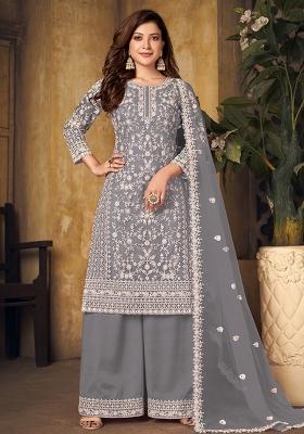Grey Embroidered Net Palazzo Set With Dupatta