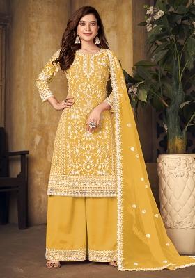 Yellow Embroidered Net Palazzo Set With Dupatta