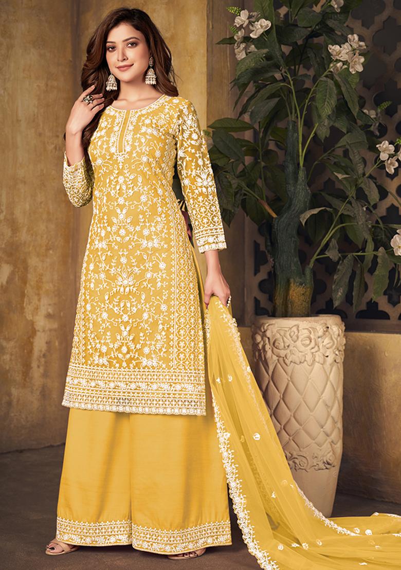 Yellow Embroidered Net Palazzo Set With Dupatta - Indya