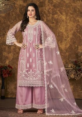 Pink Embroidered Net Palazzo Set With Dupatta