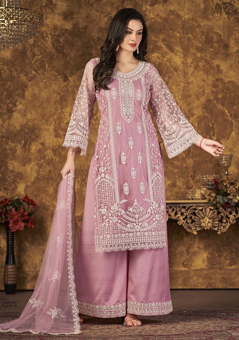 Pink Embroidered Net Palazzo Set With Dupatta - Indya
