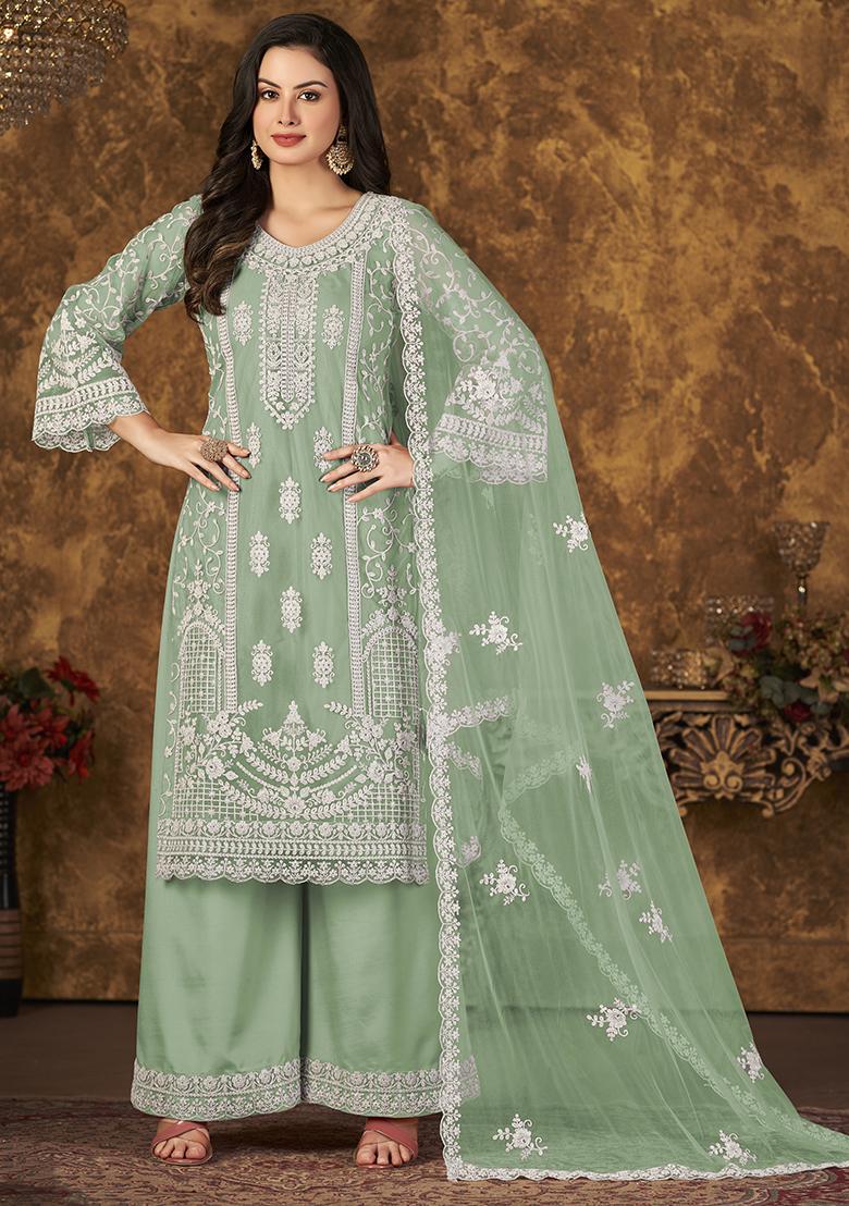 Green Embroidered Net Palazzo Set With Dupatta - Indya