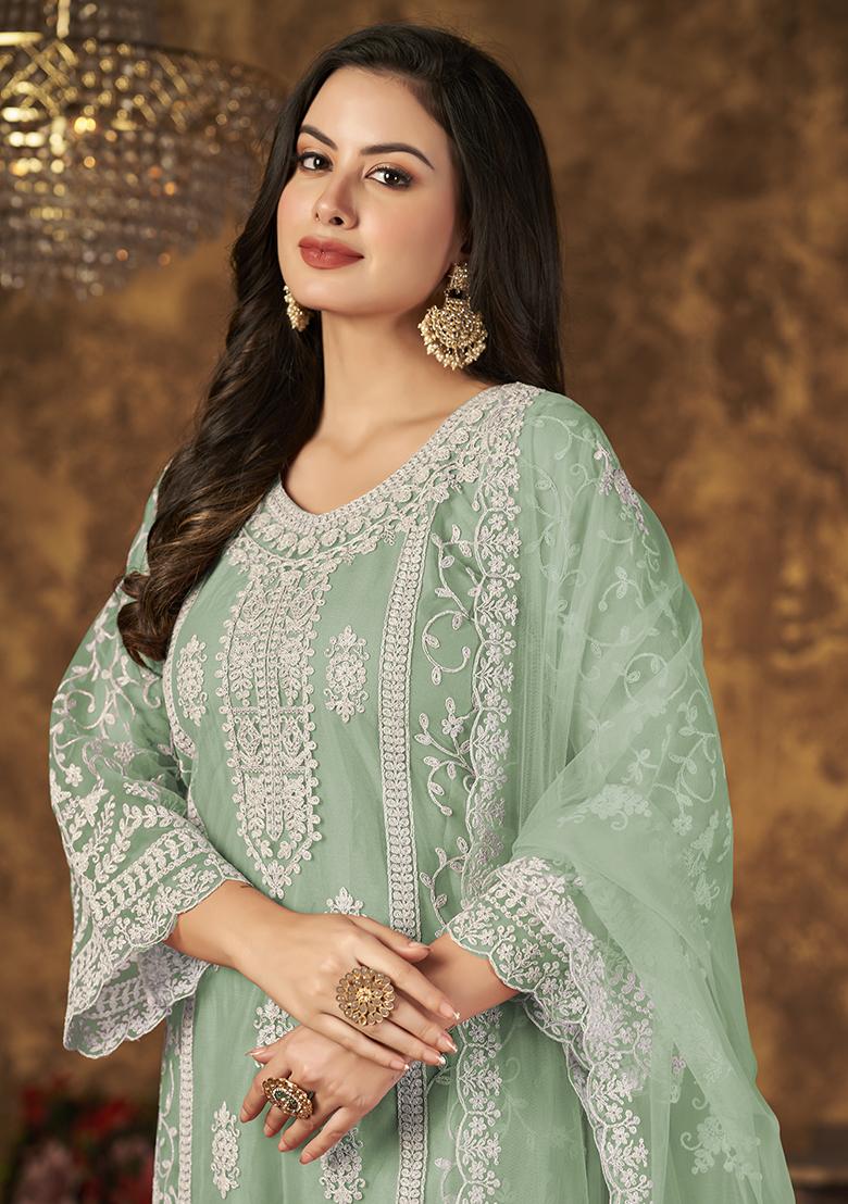 Green Embroidered Net Palazzo Set With Dupatta - Indya