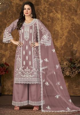 Purple Embroidered Net Palazzo Set With Dupatta