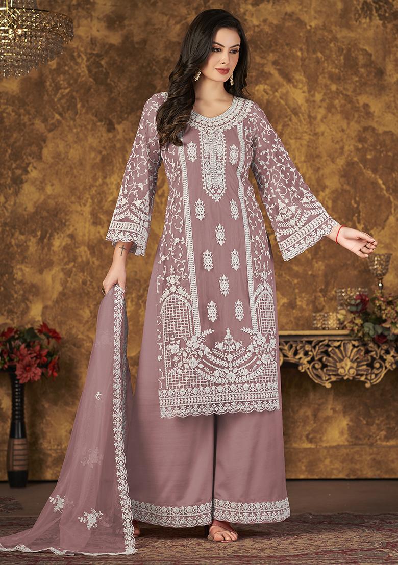 Purple Embroidered Net Palazzo Set With Dupatta - Indya