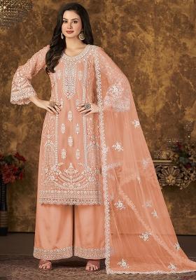 Peach Embroidered Net Palazzo Set With Dupatta