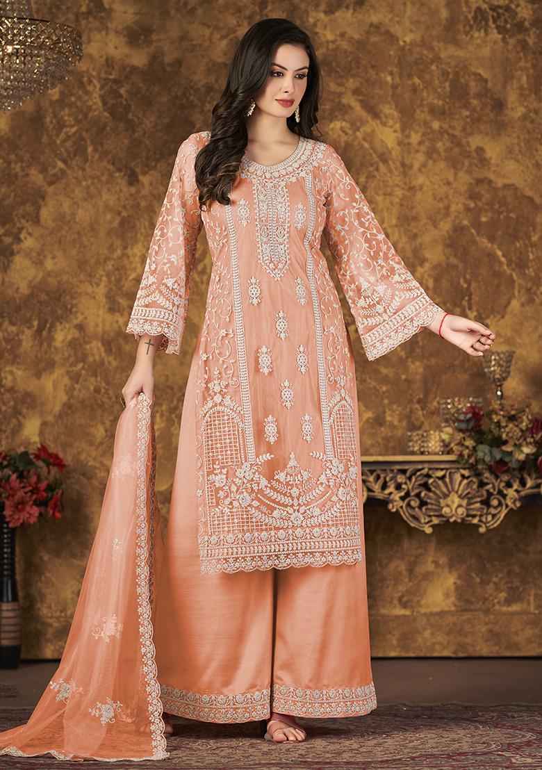Peach Embroidered Net Palazzo Set With Dupatta - Indya