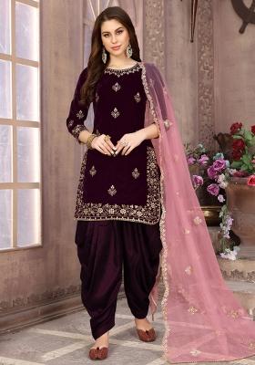 Wine Embroidered Velvet Salwar Kameez With Dupatta