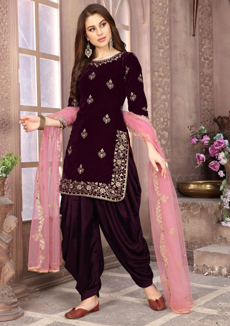 Wine Embroidered Velvet Salwar Kameez With Dupatta - Indya