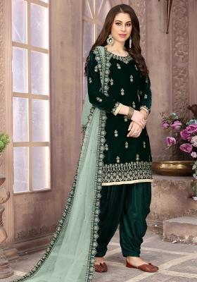 Green Embroidered Velvet Salwar Kameez With Dupatta