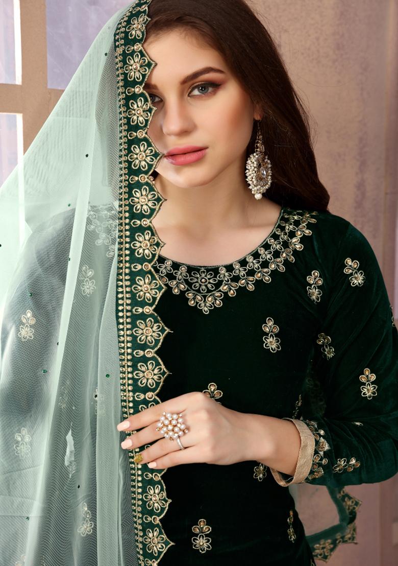 Green Embroidered Velvet Salwar Kameez With Dupatta - Indya