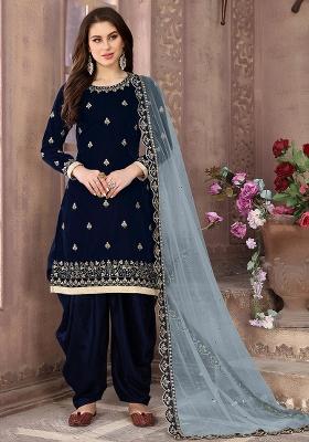 Blue Embroidered Velvet Salwar Kameez With Dupatta