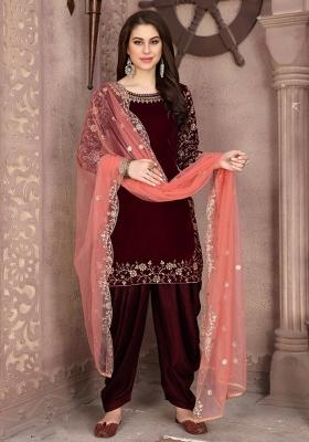 Maroon Embroidered Velvet Salwar Kameez With Dupatta