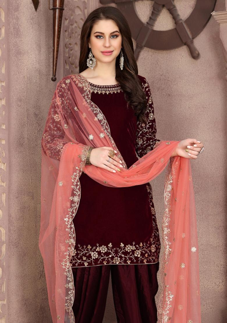 Maroon Embroidered Velvet Salwar Kameez With Dupatta - Indya