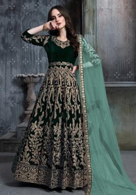 Green Embroidered Velvet Anarkali Set With Dupatta