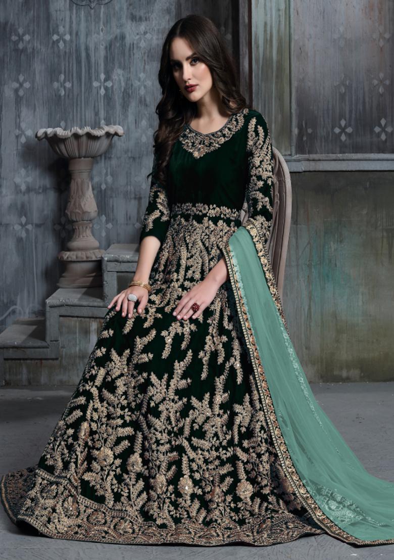 Green Embroidered Velvet Anarkali Set With Dupatta - Indya