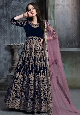 Blue Embroidered Velvet Anarkali Set With Dupatta