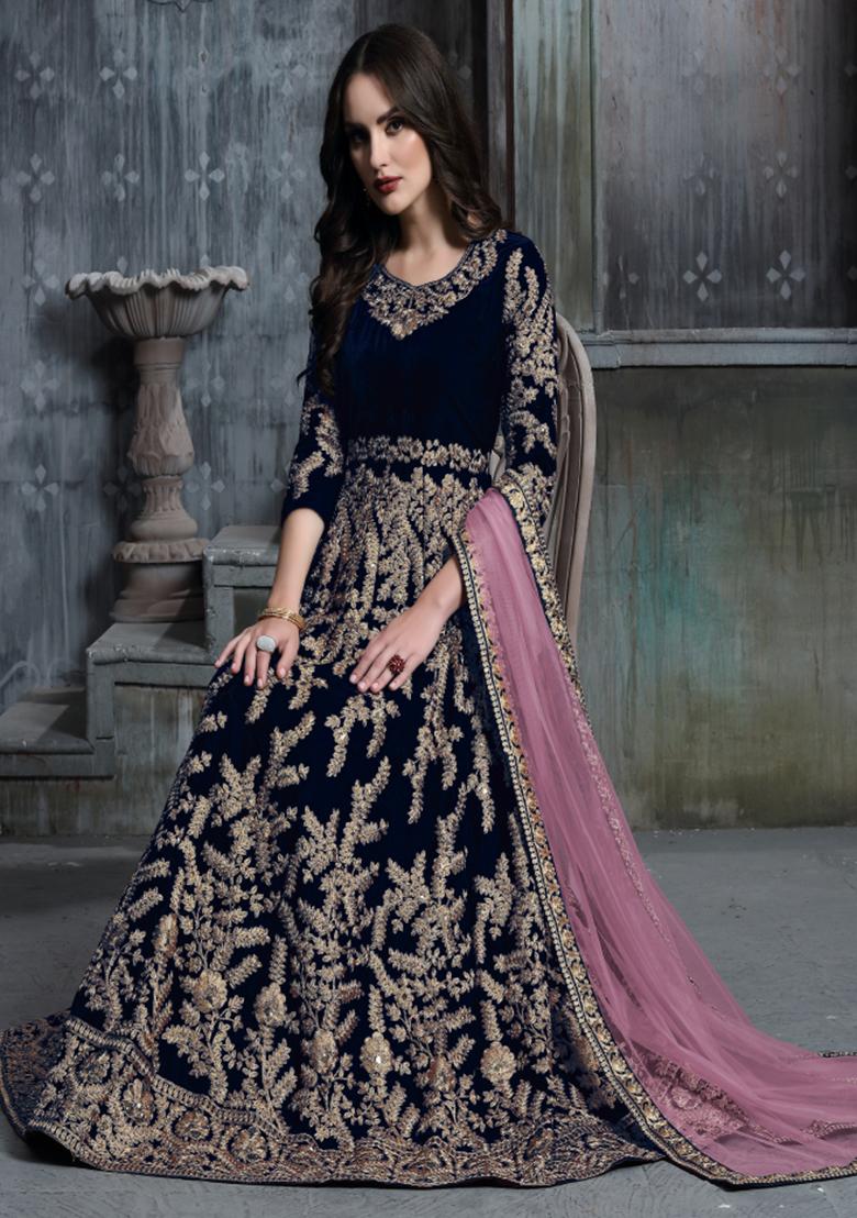 Blue Embroidered Velvet Anarkali Set With Dupatta - Indya