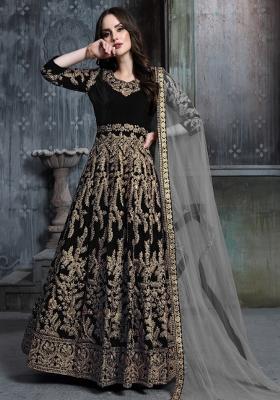 Black Embroidered Velvet Anarkali Set With Dupatta