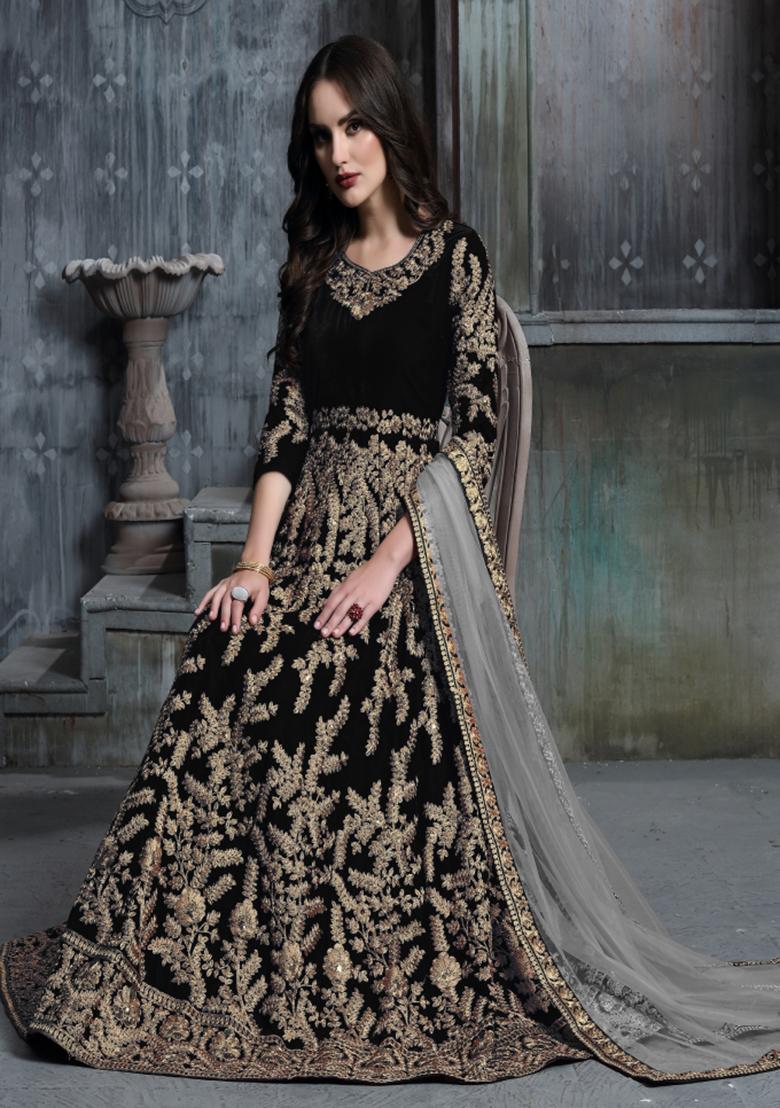 Black Embroidered Velvet Anarkali Set With Dupatta - Indya