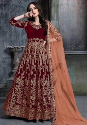 Red Embroidered Velvet Anarkali Set With Dupatta